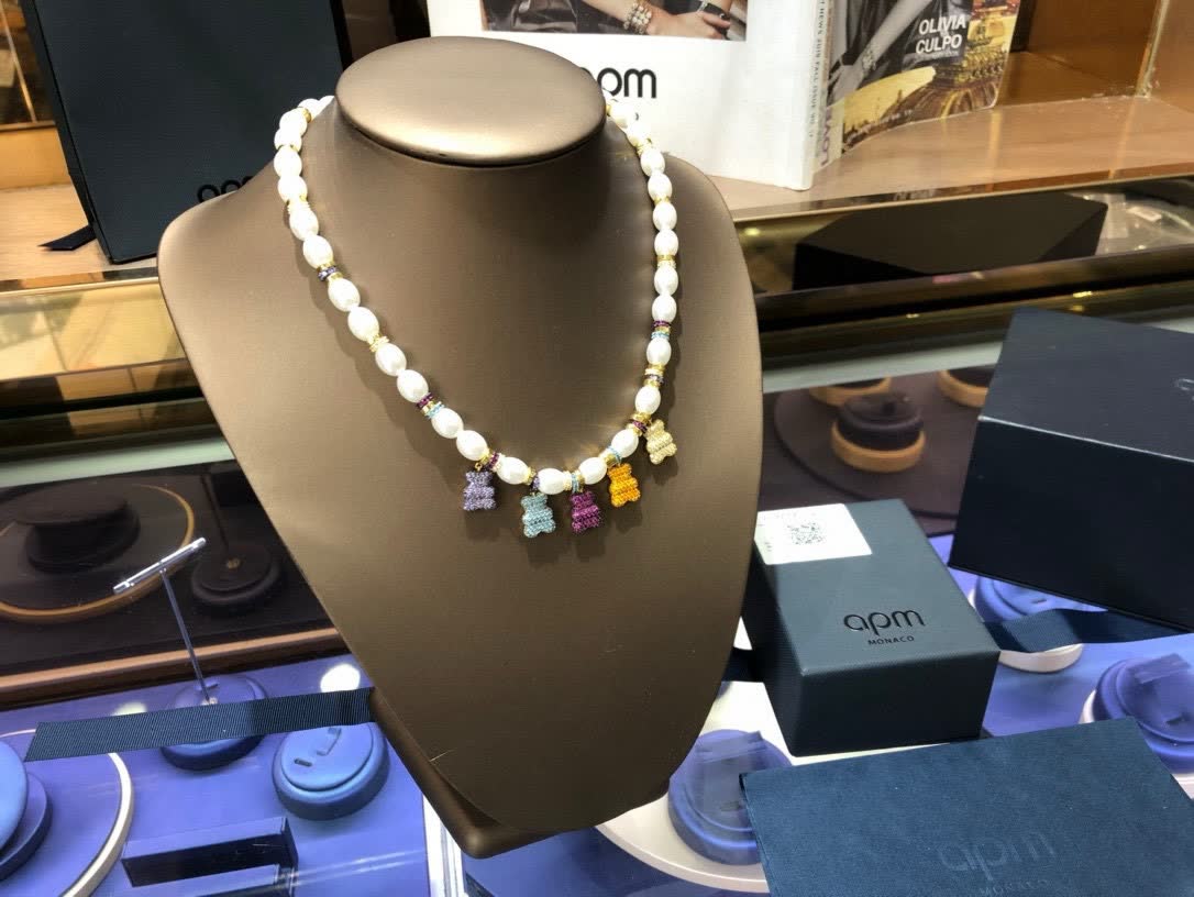 APM Monaco Pearl and Crystal Bear Charm Necklace